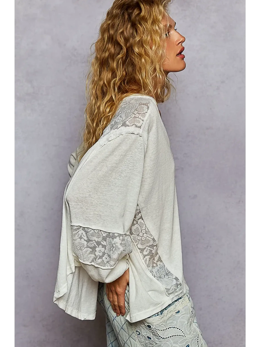 Trendsi lace v-neck beach top long sleeve shirt with floral lace detail on sleeves