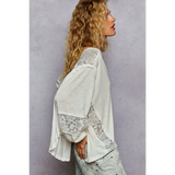 Trendsi lace v-neck beach top long sleeve shirt with floral lace detail on sleeves