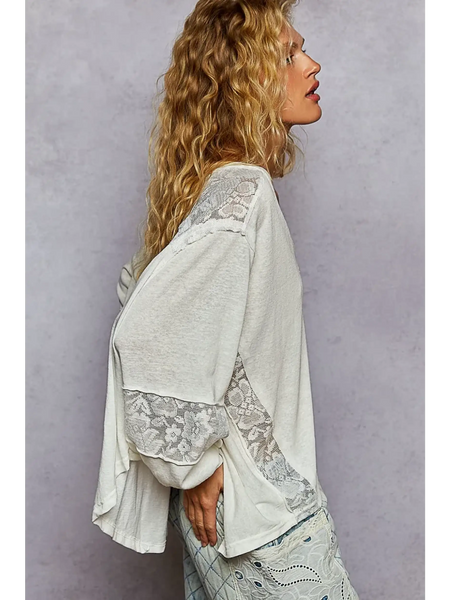 Trendsi lace v-neck beach top long sleeve shirt with floral lace detail on sleeves