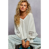Trendsi long sleeve shirt with lace v-neck beach top design in light fabric and loose fit