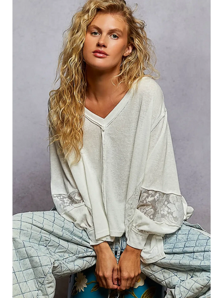 Trendsi long sleeve shirt with lace v-neck beach top design in light fabric and loose fit