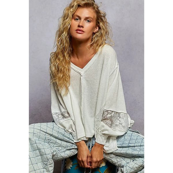 Trendsi long sleeve shirt with lace v-neck beach top design in light fabric and loose fit