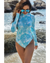 Beach Babes sun protective swimwear for women blue long sleeve swimsuit with tropical pattern