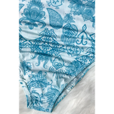 Beach Babes sun protective swimwear for women in blue and white with intricate floral and abstract patterns