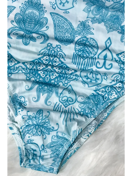 Beach Babes sun protective swimwear for women in blue and white with intricate floral and abstract patterns