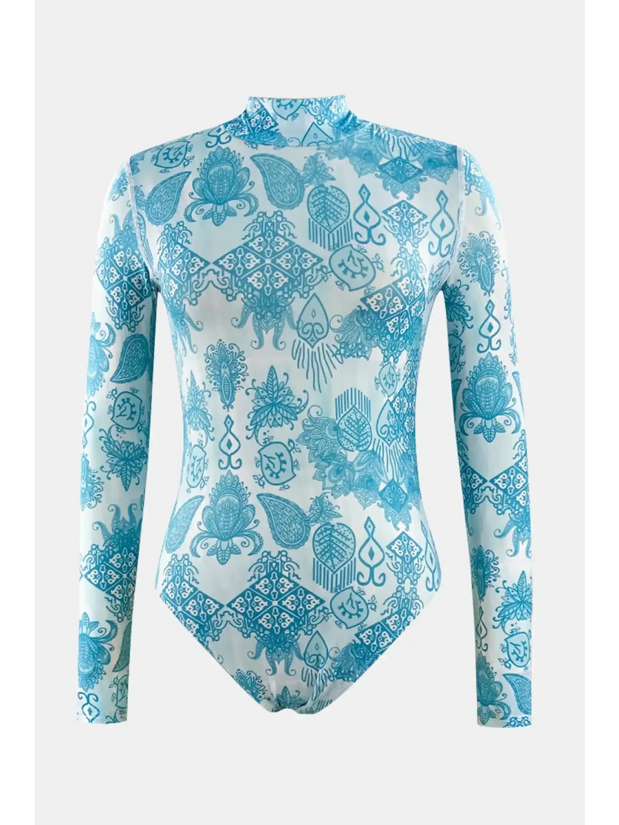 Beach Babes sun protective swimwear for women with long sleeves and blue floral pattern