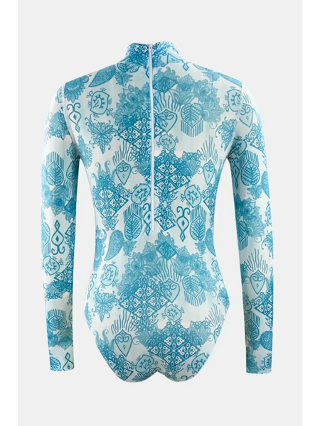 Beach Babes long sleeve swimsuit with blue floral patterns and zipper in sun protective swimwear for women