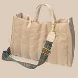 Babe Beachwear Puffer Tote Bag With Shoulder Straps in beige with a patterned adjustable strap