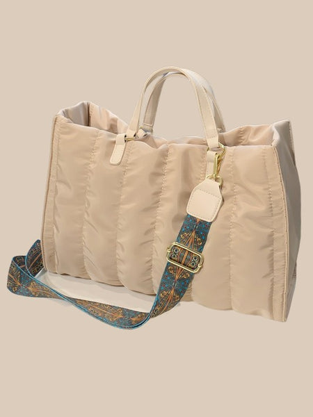 Babe Beachwear Puffer Tote Bag With Shoulder Straps in beige with a patterned adjustable strap