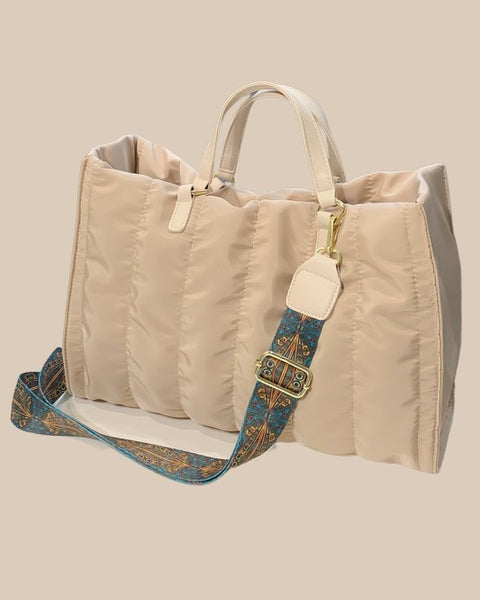 Babe Beachwear Puffer Tote Bag With Shoulder Straps in beige with a patterned adjustable strap