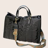 Babe Beachwaer black Puffer Tote Bag With Shoulder Straps featuring decorative patterned adjustable strap
