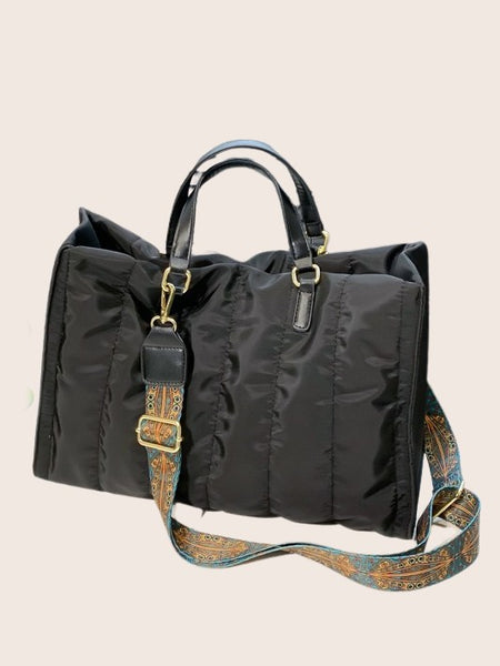 Babe Beachwaer black Puffer Tote Bag With Shoulder Straps featuring decorative patterned adjustable strap