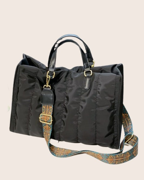 Babe Beachwaer black Puffer Tote Bag With Shoulder Straps featuring decorative patterned adjustable strap