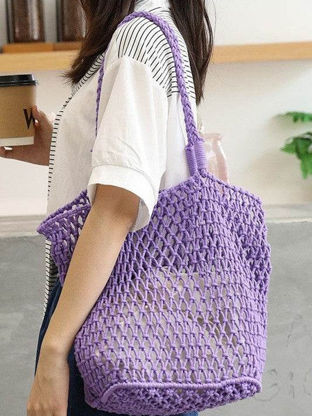 Miss Sparkling purple braided net beach tote bag carried by woman in white shirt holding coffee cup