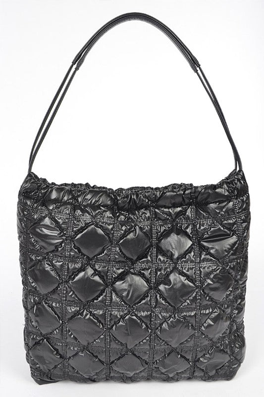 Black quilted designer style puffer tote bag with a single shoulder strap by Babe Beachwear