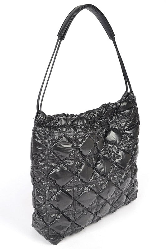 Babe Beachwear Quilted Designer Style Puffer Tote in black with quilted shiny material and shoulder strap