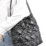 Babe Beachwear Quilted Designer Style Puffer Tote black bag worn over shoulder with quilted pattern