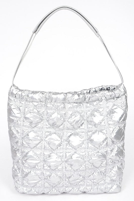 Babe Beachwaer silver Quilted Designer Style Puffer Tote bag with adjustable shoulder strap