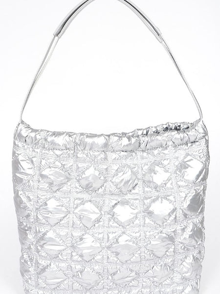 Babe Beachwaer silver Quilted Designer Style Puffer Tote bag with adjustable shoulder strap