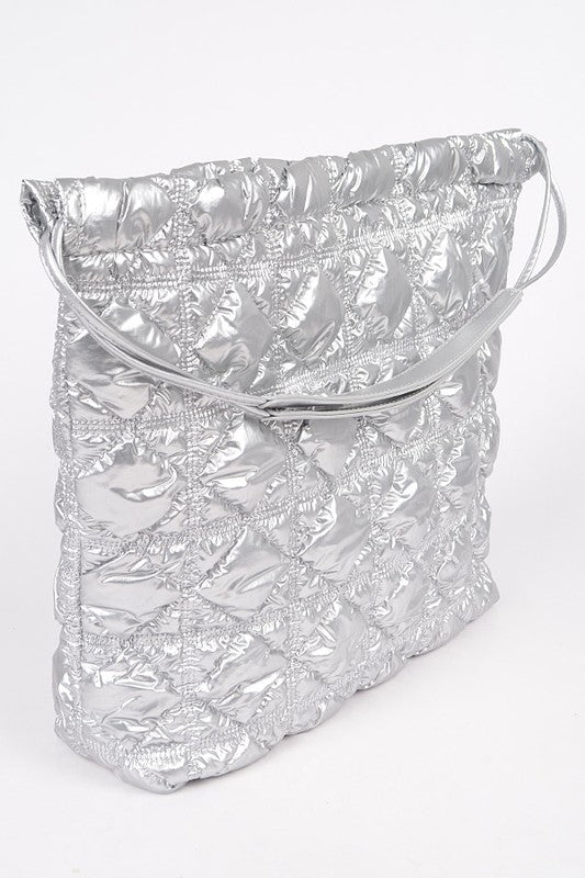 Babe Beachwear Quilted Designer Style Puffer Tote in shiny silver with a top handle
