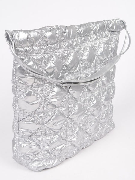 Babe Beachwear Quilted Designer Style Puffer Tote in shiny silver with a top handle