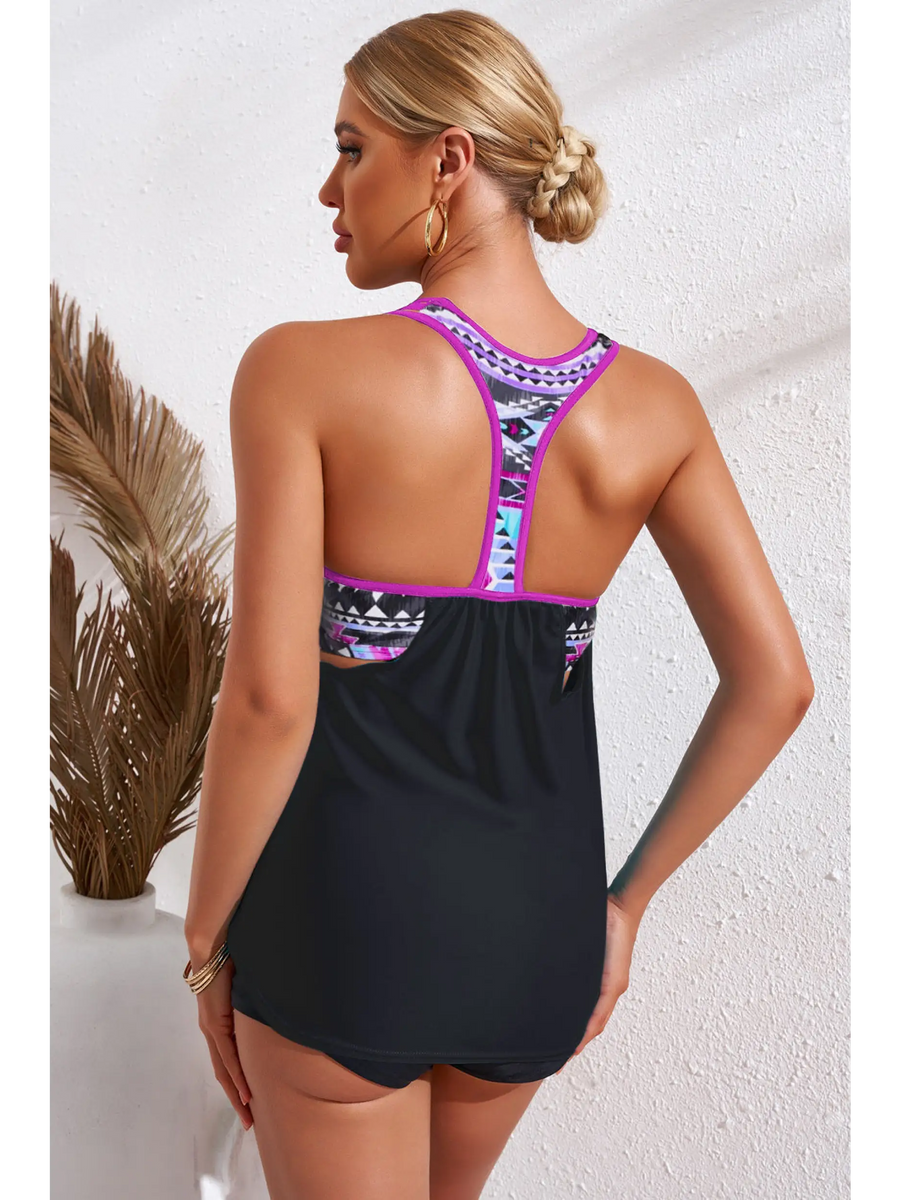 Trendsi racerback tankini swim top with black and patterned design shown from the back