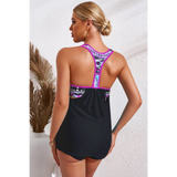Trendsi racerback tankini swim top with black and patterned design shown from the back
