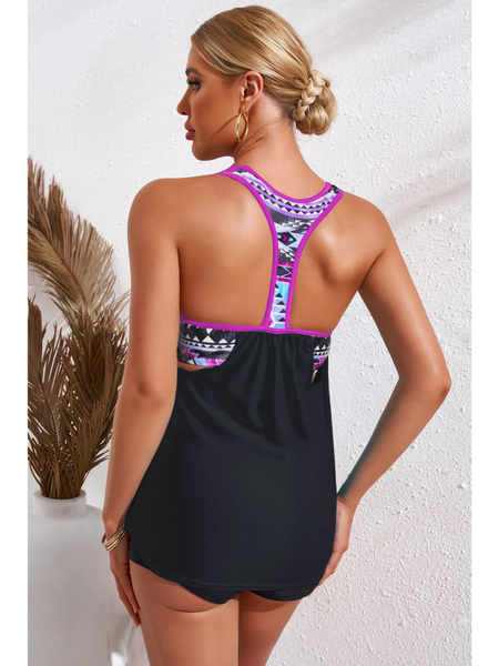 Trendsi racerback tankini swim top with black and patterned design shown from the back