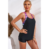 Trendsi racerback tankini swim top with black front and colorful patterned straps styled with matching black swim shorts