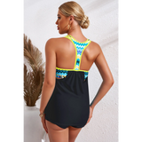 Trendsi racerback tankini swim top in black with blue and yellow zigzag pattern on back straps