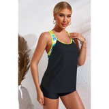 Trendsi racerback tankini swim top in black with neon trim and patterned straps on model