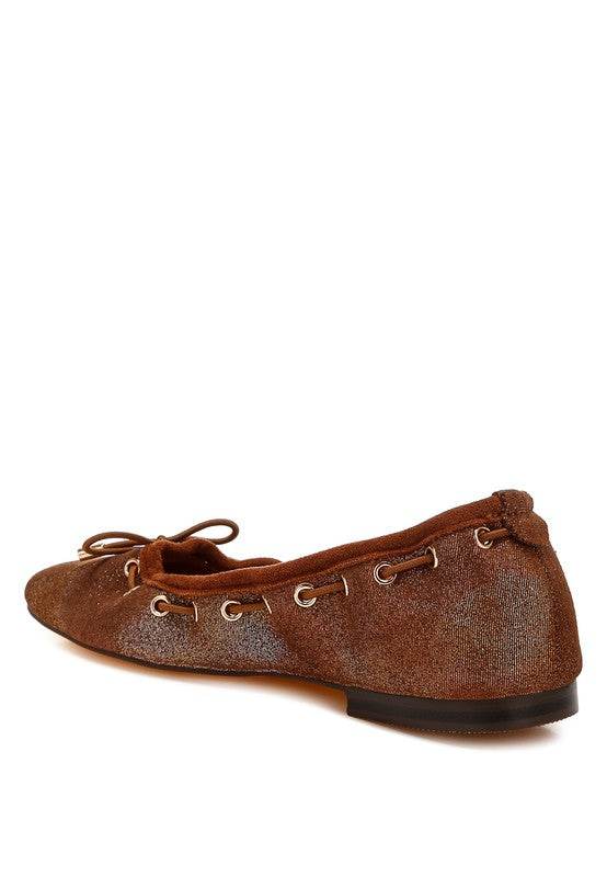 Rag Company brown bow ballerina flats for women with textured finish and side lace details