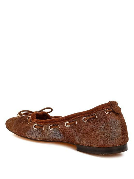 Rag Company brown bow ballerina flats for women with textured finish and side lace details