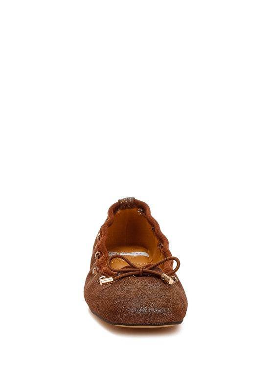 Rag Company brown bow ballerina flats for women with textured finish and decorative bow