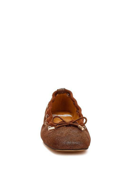 Rag Company brown bow ballerina flats for women with textured finish and decorative bow