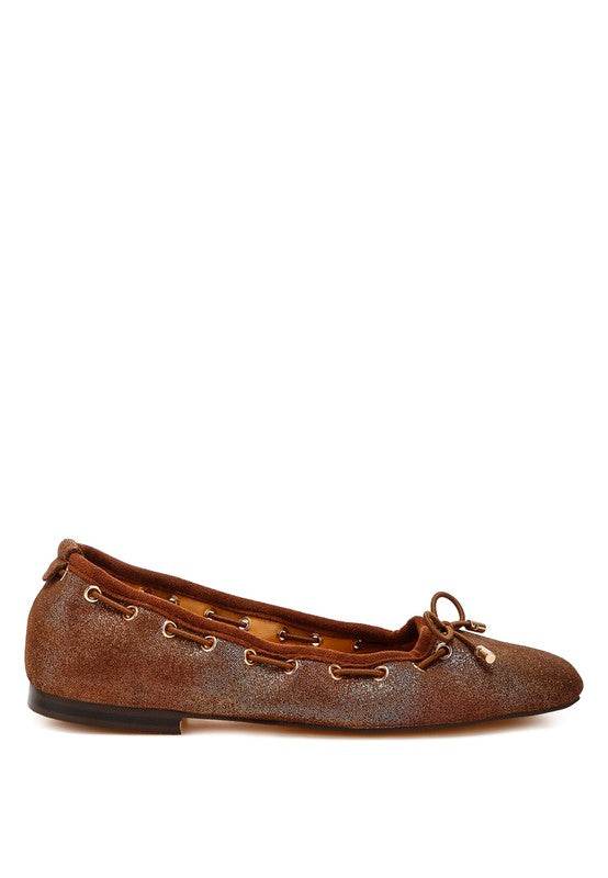 Rag Company brown bow ballerina flats for women with lace-up detailing and flat sole