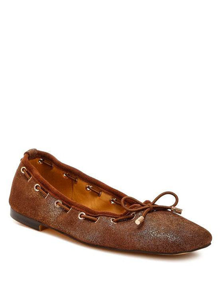 Rag Company brown bow ballerina flats for women with suede texture and decorative bow detail