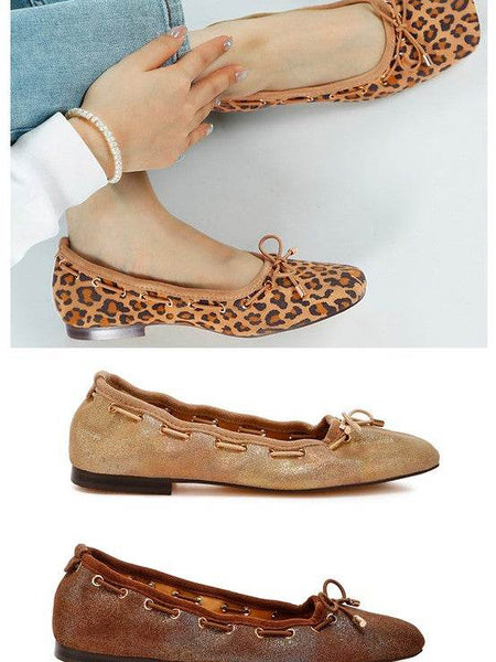 Rag Company bow ballerina flats for women in leopard print, gold, and bronze colors with bow detail