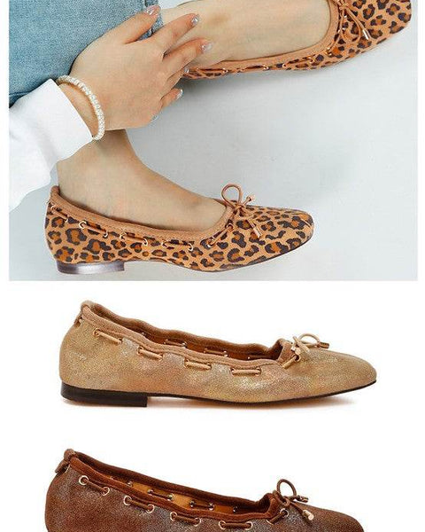 Rag Company bow ballerina flats for women in leopard print, gold, and bronze colors with bow detail