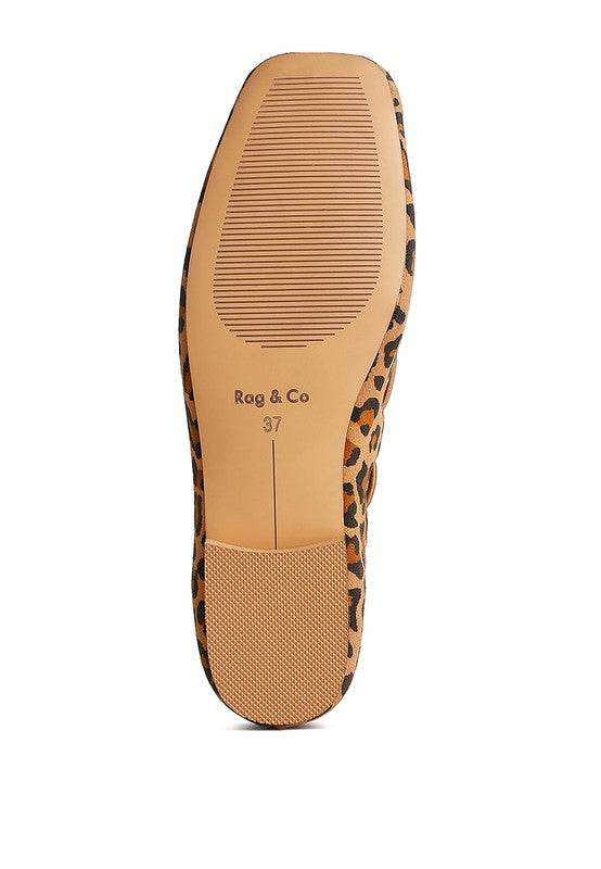 Bottom view of Rag Company bow ballerina flats for women featuring leopard print sole design