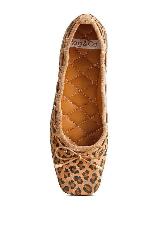 Rag Company leopard print bow ballerina flats for women with quilted insole and small bow detail