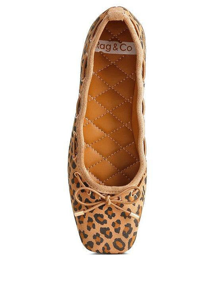 Rag Company leopard print bow ballerina flats for women with quilted insole and small bow detail