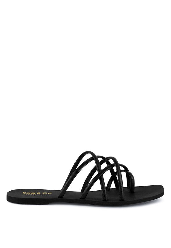 Babe Beachwear chic metallic flat slip-ons black sandals with multiple thin straps