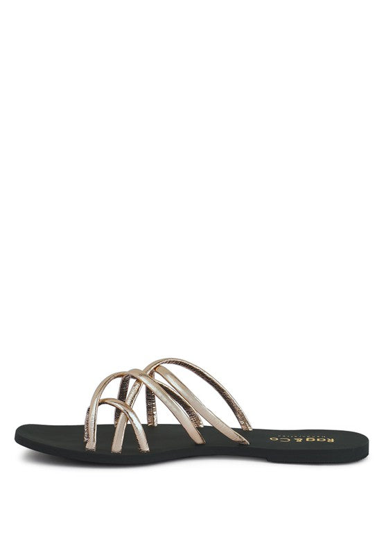 Babe Beachwear chic metallic flat slip-ons sandals with black sole and multiple thin shiny straps