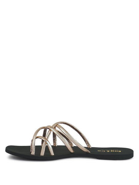Babe Beachwear chic metallic flat slip-ons sandals with black sole and multiple thin shiny straps