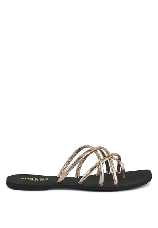 Babe Beachwear chic metallic flat slip-ons with black sole and shiny rose gold straps