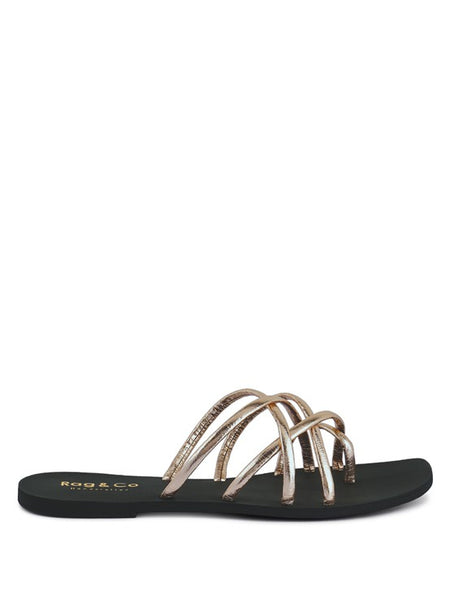 Babe Beachwear chic metallic flat slip-ons with black sole and shiny rose gold straps