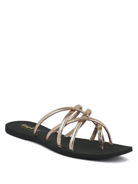 Babe Beachwear chic metallic flat slip-ons with multiple thin straps and a black sole
