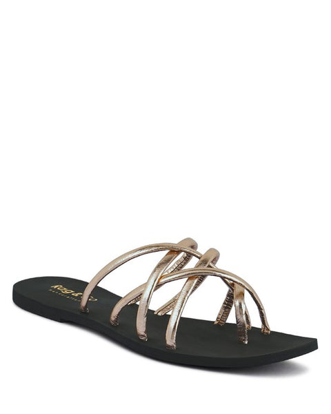 Babe Beachwear chic metallic flat slip-ons with multiple thin straps and a black sole