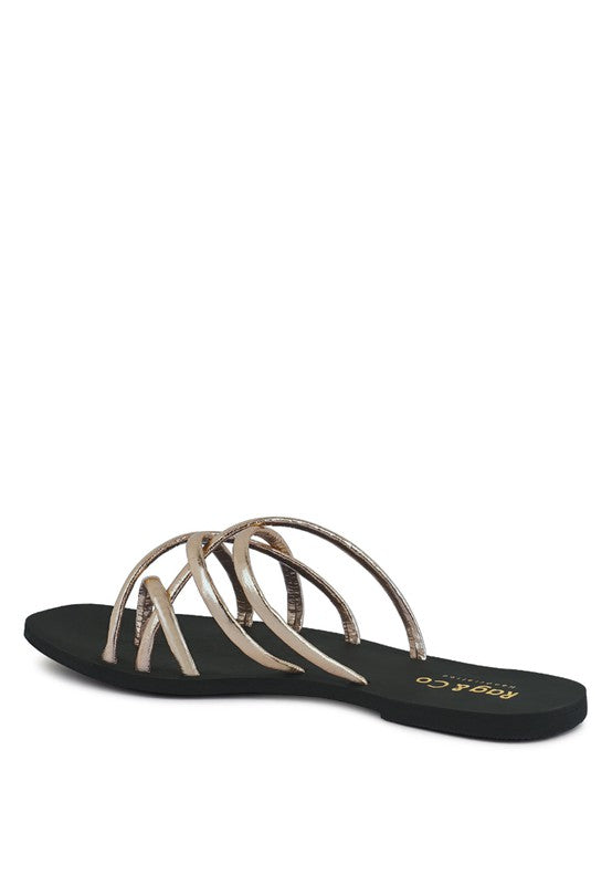Babe Beachwear chic metallic flat slip-ons sandals with multiple thin straps and black sole